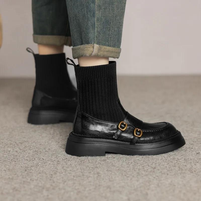 New Casual Sheepskin Retro Chimney Boots European American Low Heel Black Commuting Shopping Short Plush Warm  Ankle Boots 41