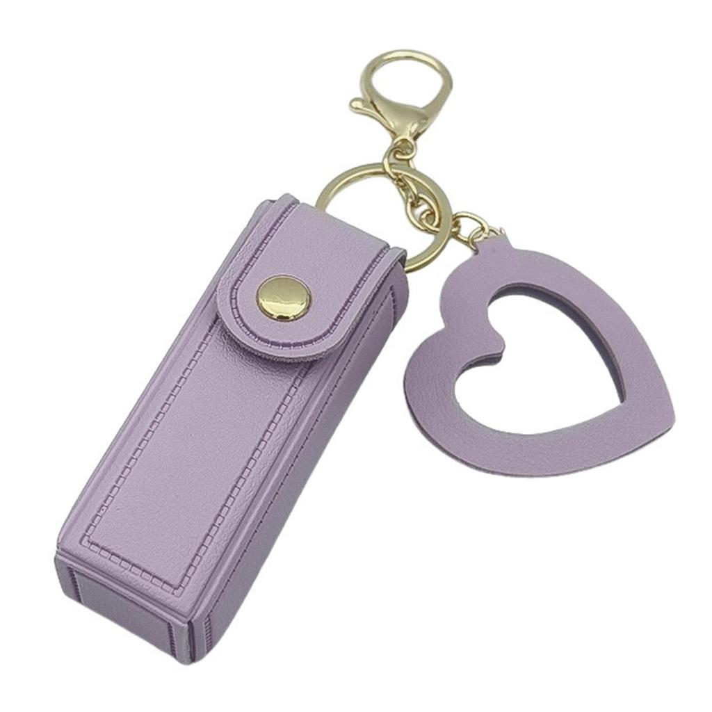 Portable PU Leather Lipstick Holder Keychain With Heart-Shaped Mirror For Women Girls Handbag Charms Accessory Creative Gift