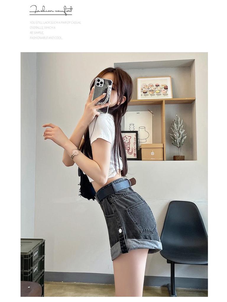 Summer 2024 Women's High-Waisted Retro Wide-Leg Denim Shorts with Rolled Hem
