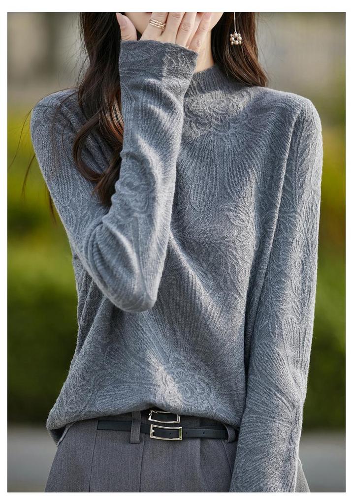 Women's Carved Jacquard High Neck Sweater: Spring/Autumn Long Sleeve Knit Top