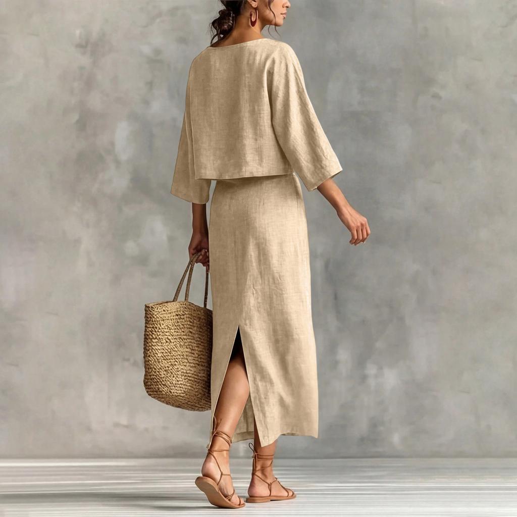 Damen Pullover Top mit lockerem Schnitt, Dreiviertelärm und High-Waist Langrock Set Lässiges Zweiteiler Outfit für den täglichen Gebrauch