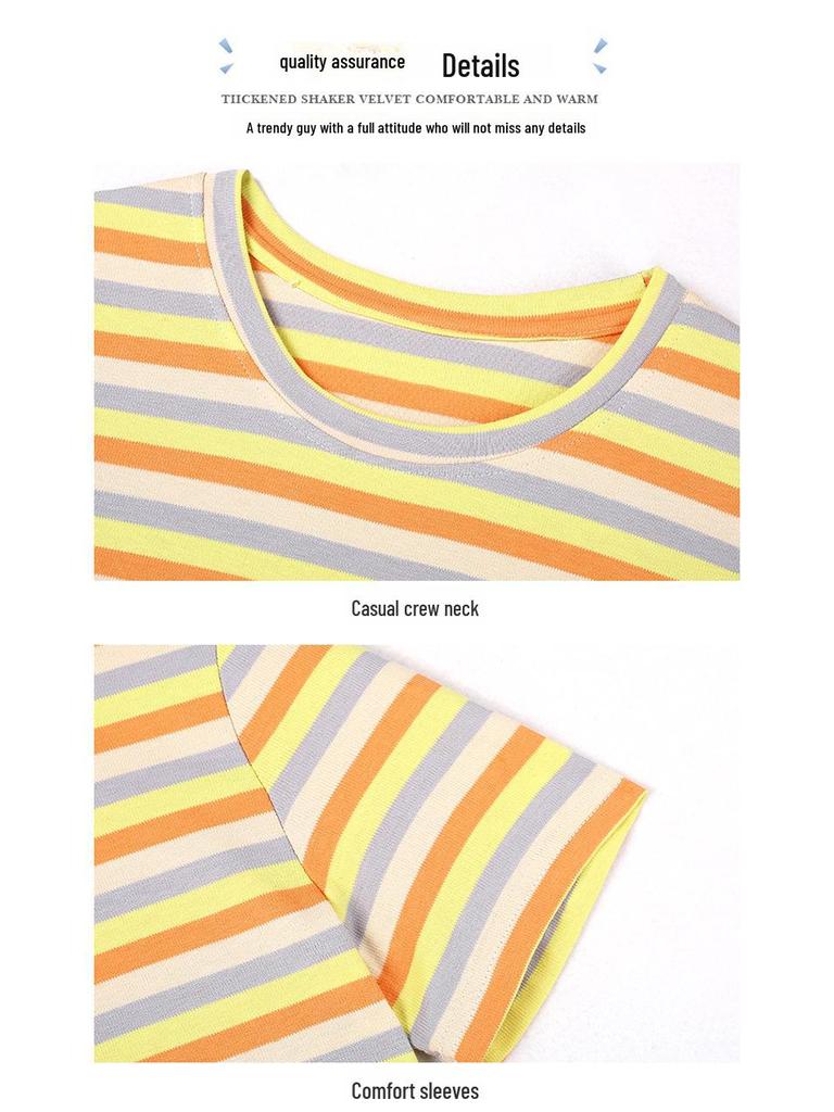 Women's Summer Round Neck Striped Cotton T-Shirt: Colorful, Casual, Loose, Age-Reducing, Slimming Design.