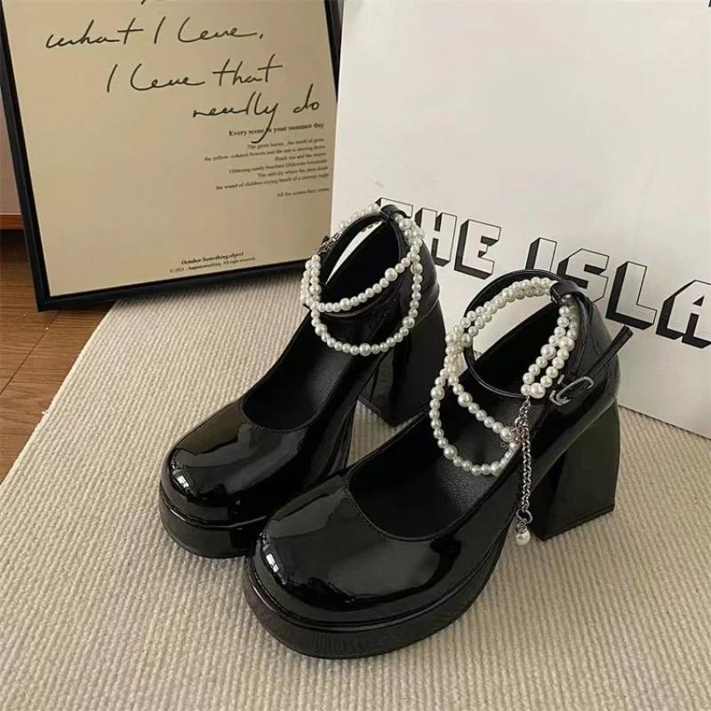 Ladies High Heels Elegant Bow Square Toe Black Fashion Thick Heel Wedding Party Pearl Lace Shoes