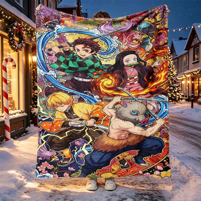 Demon Slayer Pattern Blanket for Home Decoration, Bed, Sofa, Car Travel, Camping, Suitable for All Seasons, Birthday Christmas Gift