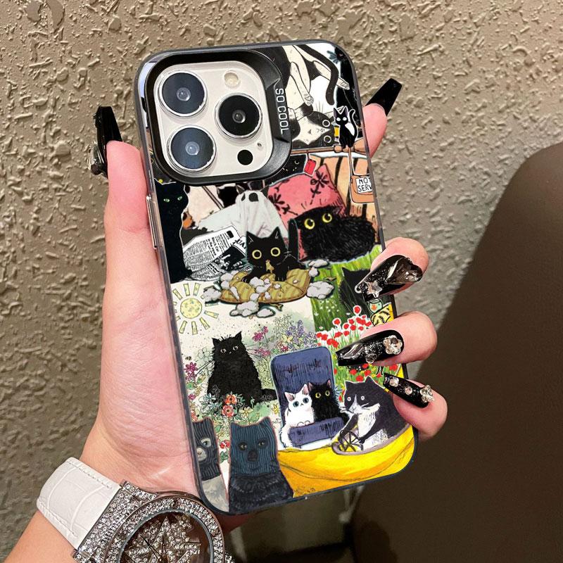 New Cute Black Cat Graphic Montage Laser Phone Case For iPhone 17 15 16 Pro Max Plus 14 13 12 Mini 11 Pro Max Shockproof Cover