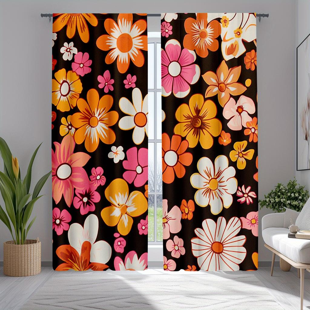 Boho Retro Flower Window Treatments Vintage Floral Design Bedroom Kitchen Groovy Aesthetic Curtains Set Of 2 Made Polyester Decor