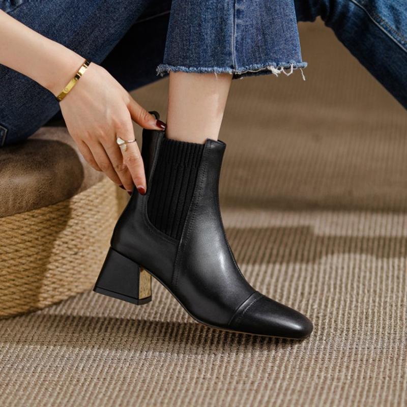 Fashion New Fall Shoes Women 2025 Women Designer Boots Black Leather Boot Square Toe Chunky Heel Women Shoes Winter Fashion Boots Women