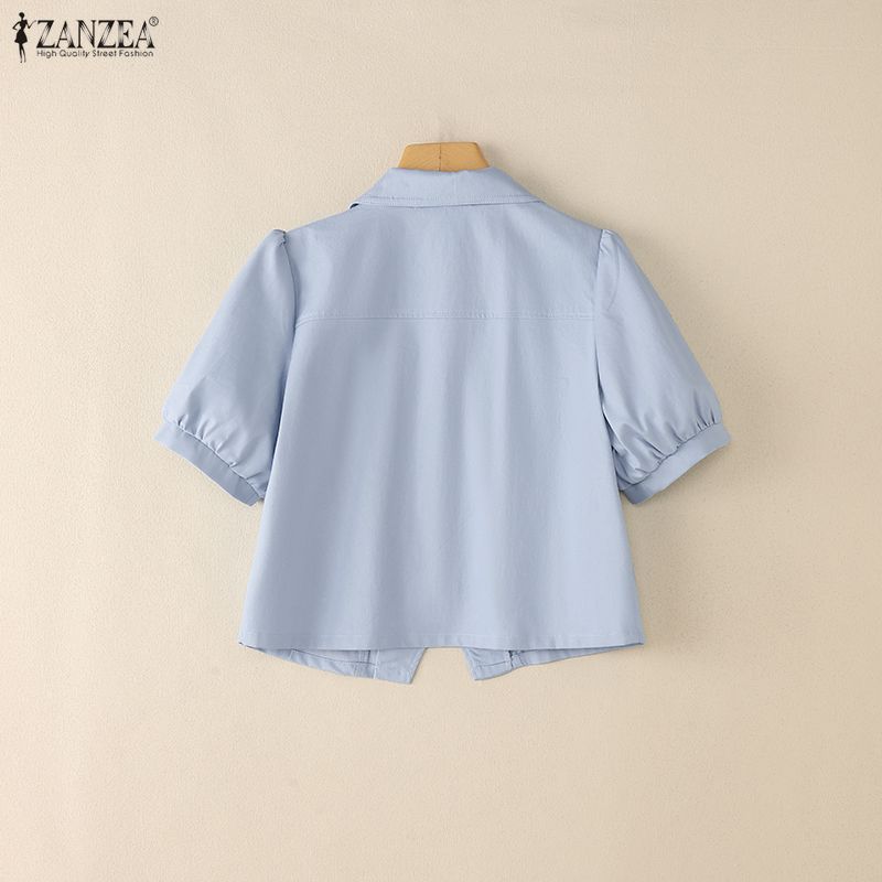 ZANZEA Women Turn Down Collar Casual Short Sleeve Lace Bow Cropped Blouse