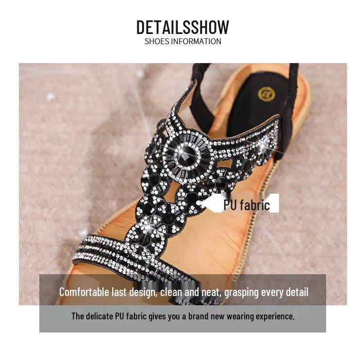 Women's 2025 Spring Rhinestone Bohemian Flat Sandals, Round Toe, Plus Size Available.