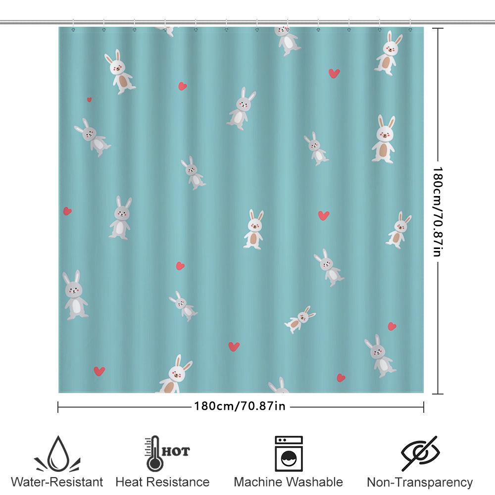 Bright Blue Shower Curtain With Cute Rabbit Design For Bathroom Decor Waterproof Fabric, Hook Included (180 X 240Cm)