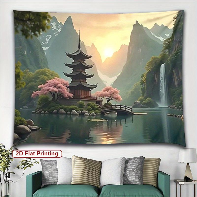 

Asian Pagoda Scene Tapestry Cherry Blossom Garden Nature Landscape Polyester Fabric 5161 Inches for Bedroom or Dorm Decor 74x94cm(29x37in)