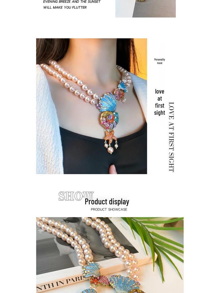 Vibrant Rhinestone Pearl Necklace & Marine Life Tassel Earrings Set