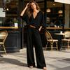 Lockere Passform Damenbekleidung Damen 2-teiliges Baumwoll-Leinen-Set, Langarm V-Ausschnitt Bluse Bequemes Outfit Und Weite Hosen Passend für Sommerurlaub