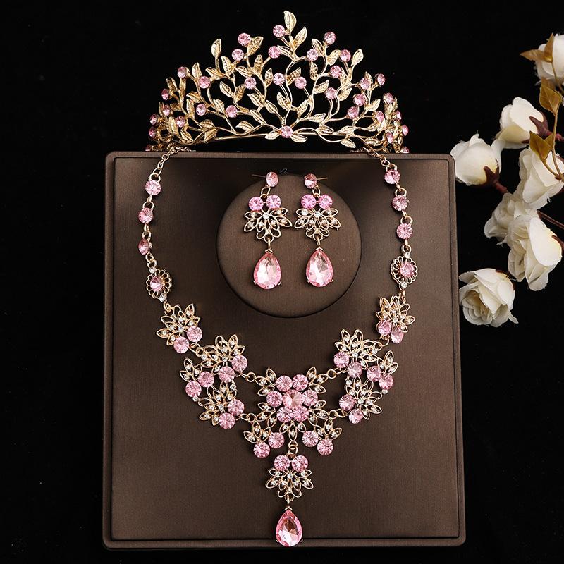 Pink Bridal Crown Three Piece Suit Wedding Crown Tiara Necklace Earrings Korean Super Fairy Wedding Dress Accessories