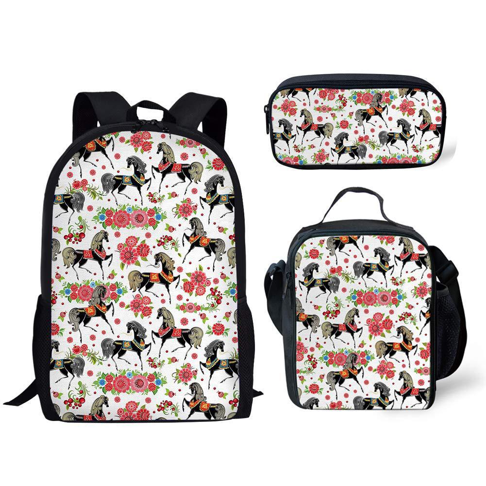 Classic Popular Funny Broken Flower Horse 3D Print 3pcs/Set Pupil School Bags Laptop Daypack Backpack Lunch Bag Pencil Case
