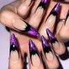 24 PCs Halloween Long Sharp Shape False Nail French Purple Wearable Nail Plate with 1 File and 1 Jelly Glue