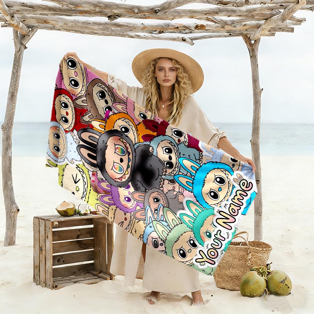 Labubu Customize Text Beach Towel Super Soft Microfiber Quickdry Fabric Perfect for Traveling Yoga Camping and Swimming