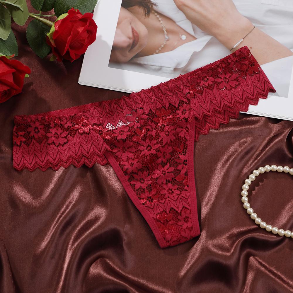 Women's Thongs Sexy Perspective Lace Flower Pattern Hollow Out Low-Waist Butterfly Knot Breathable Intimates Super Comfortable