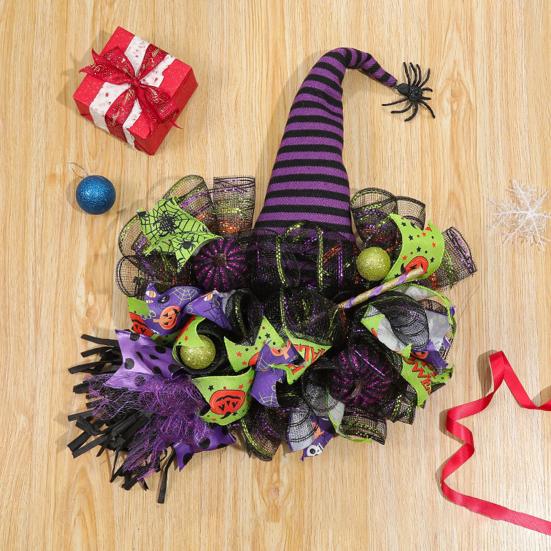 

Полосатая шляпа ведьмы, паук, венок на Хэллоуин, точка, звезда, принт тыквы, лента, сетчатый декор, устрашающая атмосфера, украшение на Хэллоуин