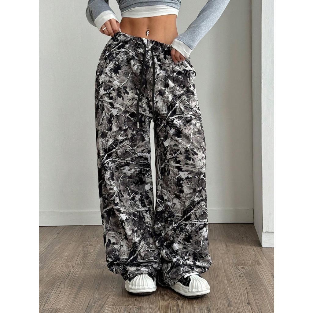 Women's Drawstring Waist Camouflage Wide Leg Pants Casual Loose Streetwear Trousers