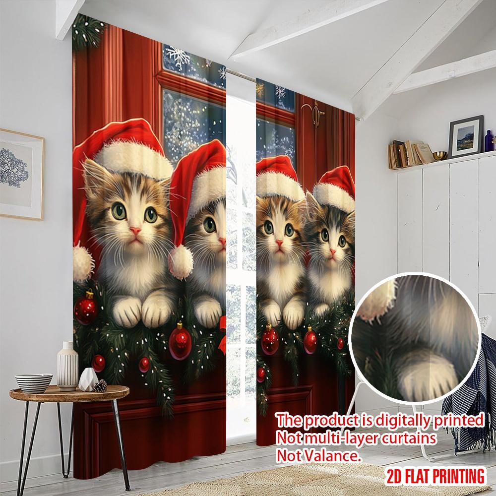 2pcs,2D Plane Printing Print Curtains Four Kittens Christmas Door Versatile Polyester Fabric (without Rod) Outdoor Decorations