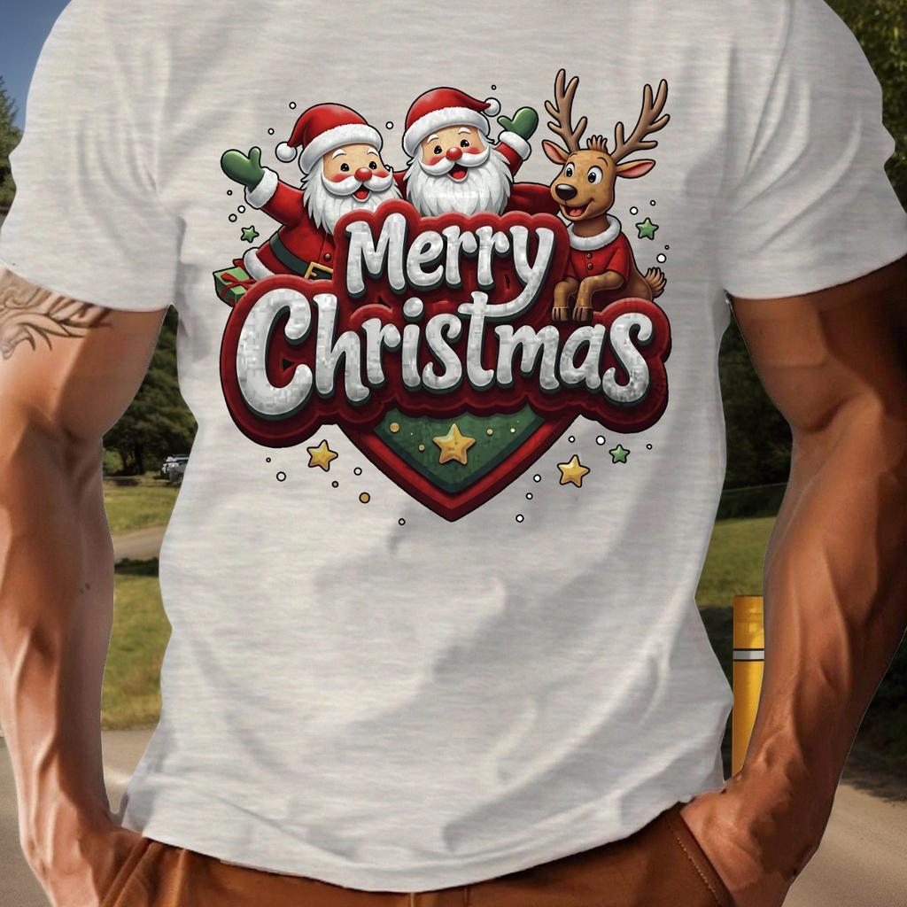 Mens Short Sleeve Cotton Christmas Happy Simple Santa Claus and Reindeer Print Soft Comfortable Breathable Street Hip Hop Daily