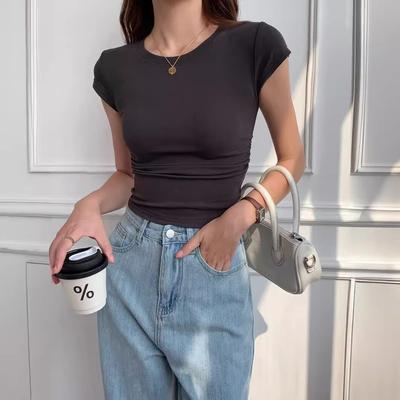 Solid Color T-shirt for Women's Short-sleeved Summer New Slim Design Waist-hugging Short Shoulder Top