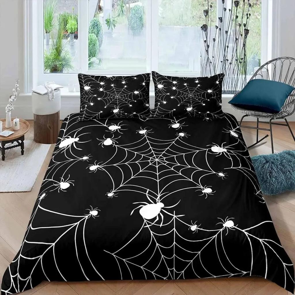 Spider Web Duvet Cover Set Halloween Spider Bedding Sets Boys Girls Black White Comforter Cover Trick or Treat Quilt Cover Set