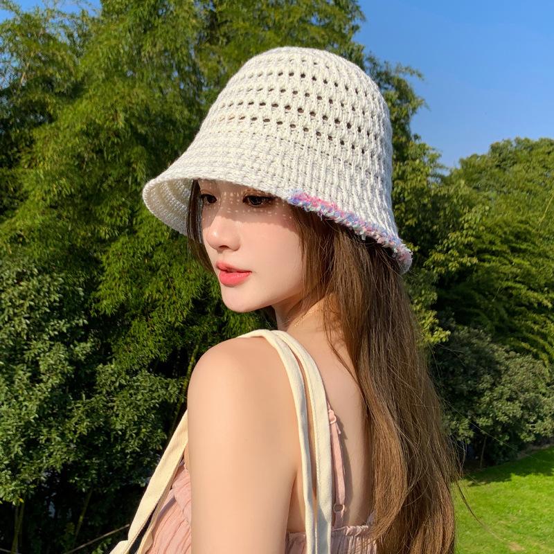 Mesh knitted hollow straw hat summer hat women's sunscreen hat solid color outdoor visor lace fashion bucket hat