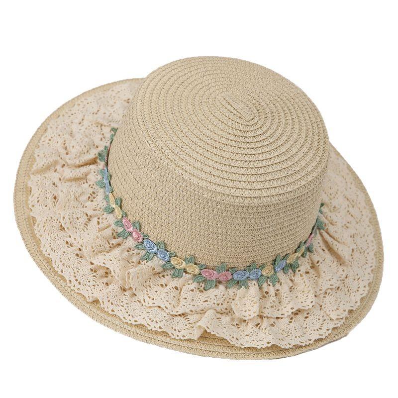French Lolita Lace Straw Hat Women'S Summer Big Brim Shade Flat Top Top Hat Seaside Beach Shade