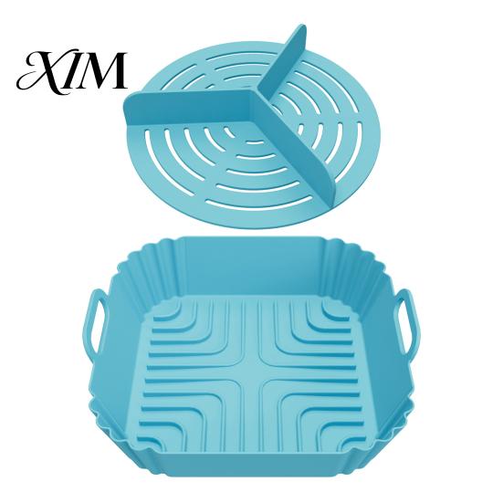 Reusable Air Fryer Basket 2PCS Silicone Baking Pan with Handles, Square And Rectangular Nonstick Grilling Tray Oven Set, Liner for Roasting