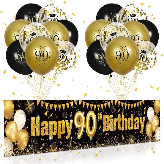 Black Gold 90th Birthday Decorations for Men Women Happy 90th Birthday Yard Banner Sign Decor and 18 PCS Latex Balloons for 90 Year Old Anniversary