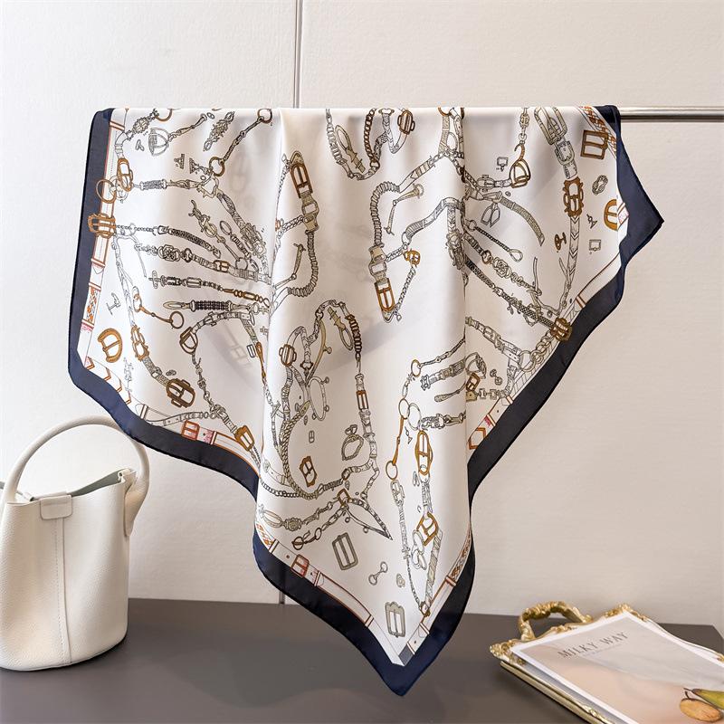 

New Square Scarf Women Luxury Floral Print Kerchief Soft Satin Hairband Hands Bag Ribbon Foulard Hijab Neckerchief Headband 70x70cm