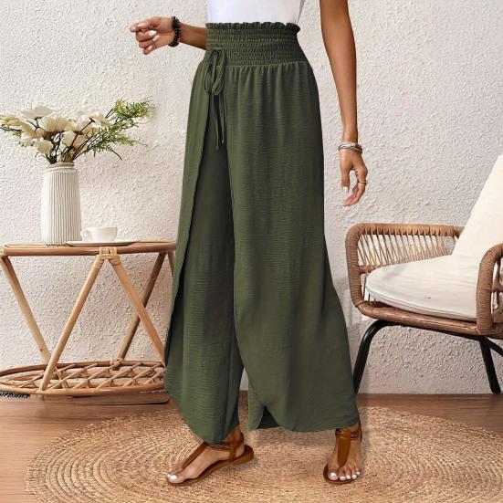 Women Pants Elastic Waist High Side Split Casual Pants Spring Summer Autumn Breathable Solid Color Loose Fit Wide Legs Trousers