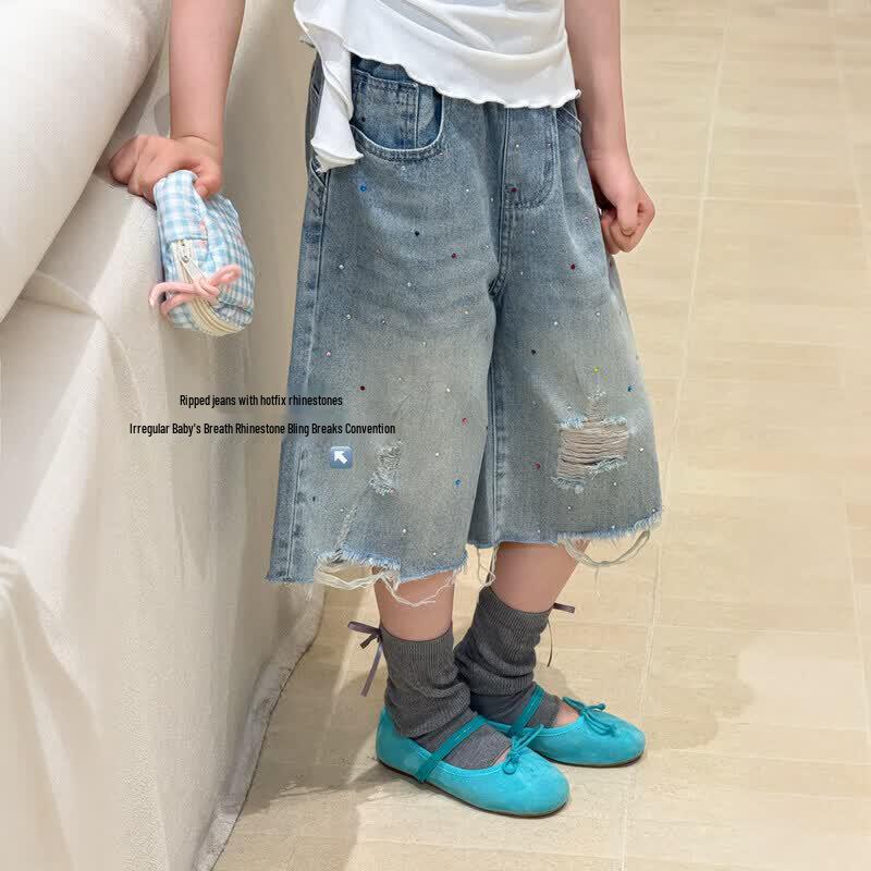 Girls  Sparkling Ripped Wide-Leg Denim Capris 130 cm