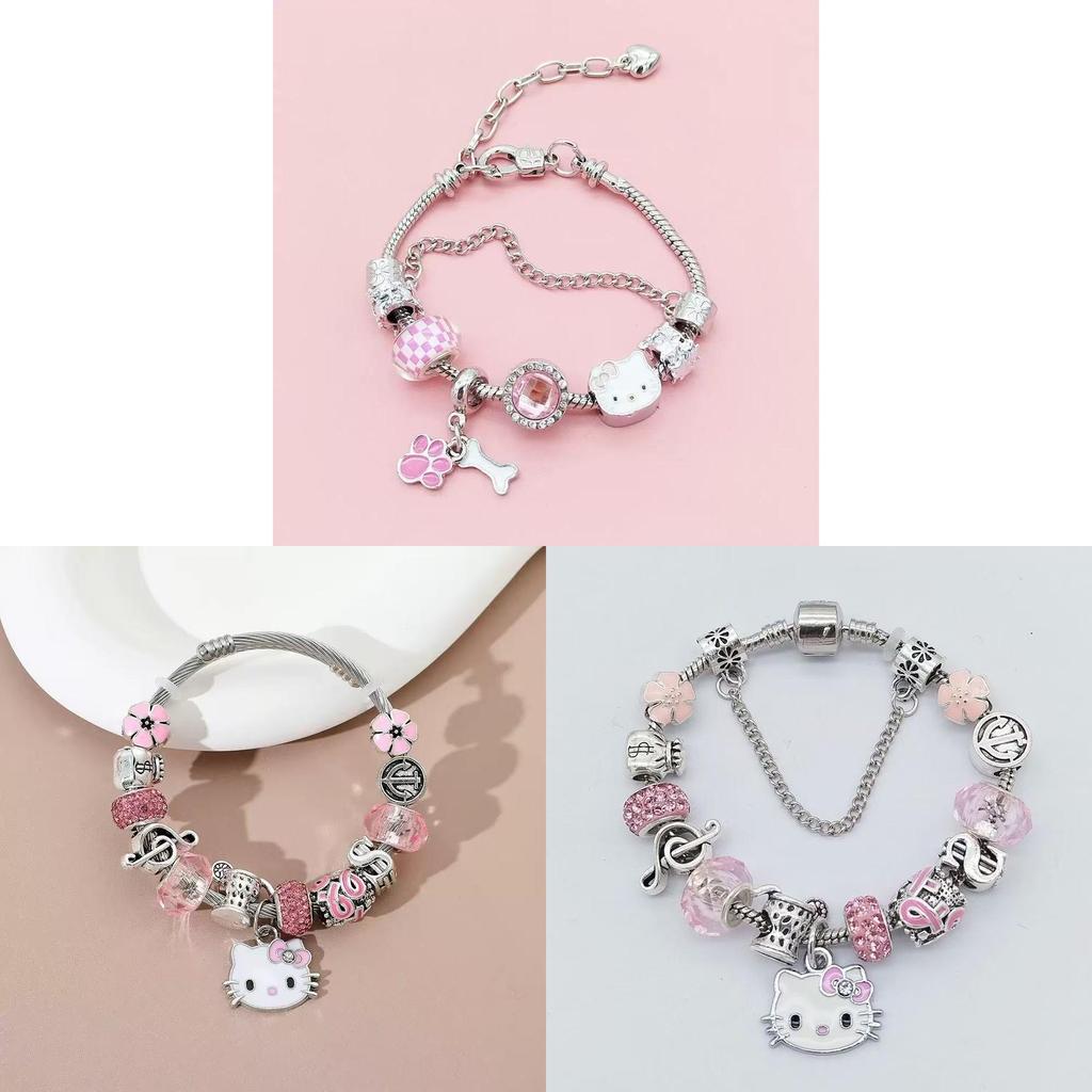 Braccialetto con Perline a Forma di Cuore Hello Kitty con Cristalli Scintillanti per Donne e Ragazze