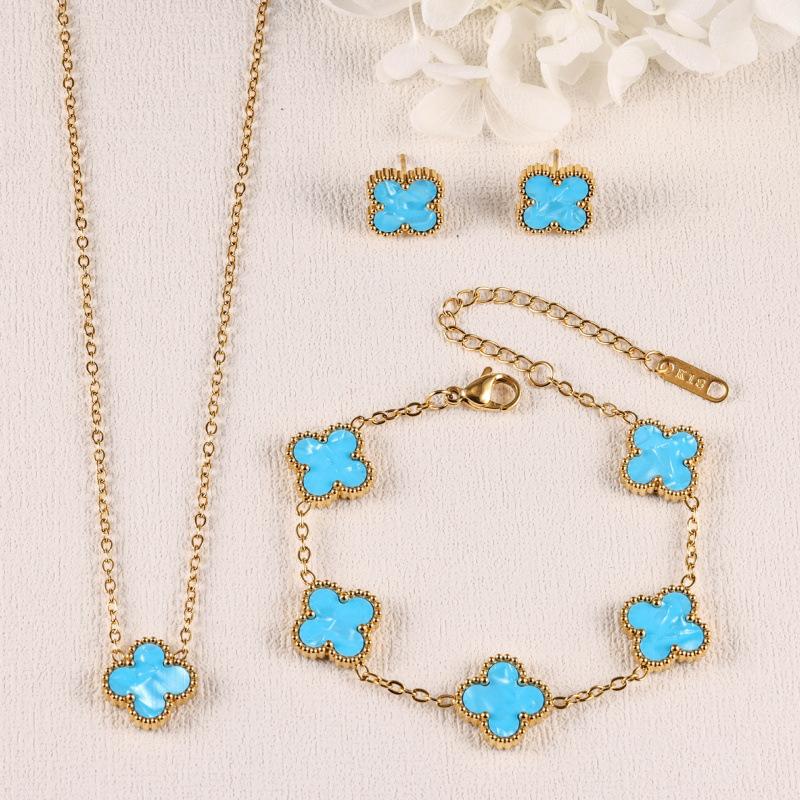 Four-leaf Clover Three-piece Necklace Bracelet and Earring Set - A Luxurious Colorful Fashion Jewelry Set