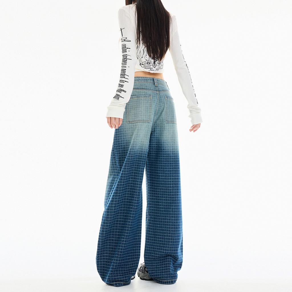 Embroidery plaid line loose washing water gradual change blue straight jeans new gradual change blue loose wide-leg pants