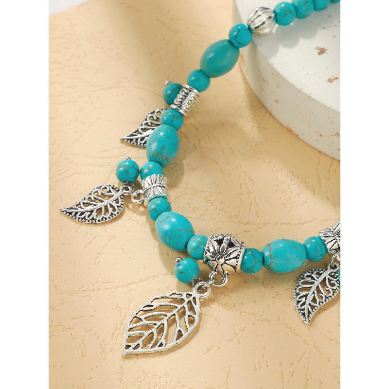 Turquoise Stone Beaded Necklace With Water Drop Pendant Blue Green Beads Layered Look Daily Jewelry For Women Casual Commuter Style 41-50 Cm