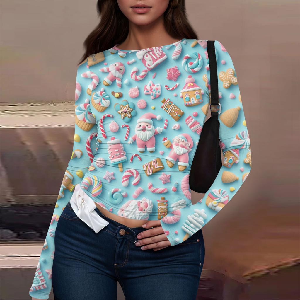T-shirt à manches longues pour femme, mode décontractée, col rond, imprimé Noël