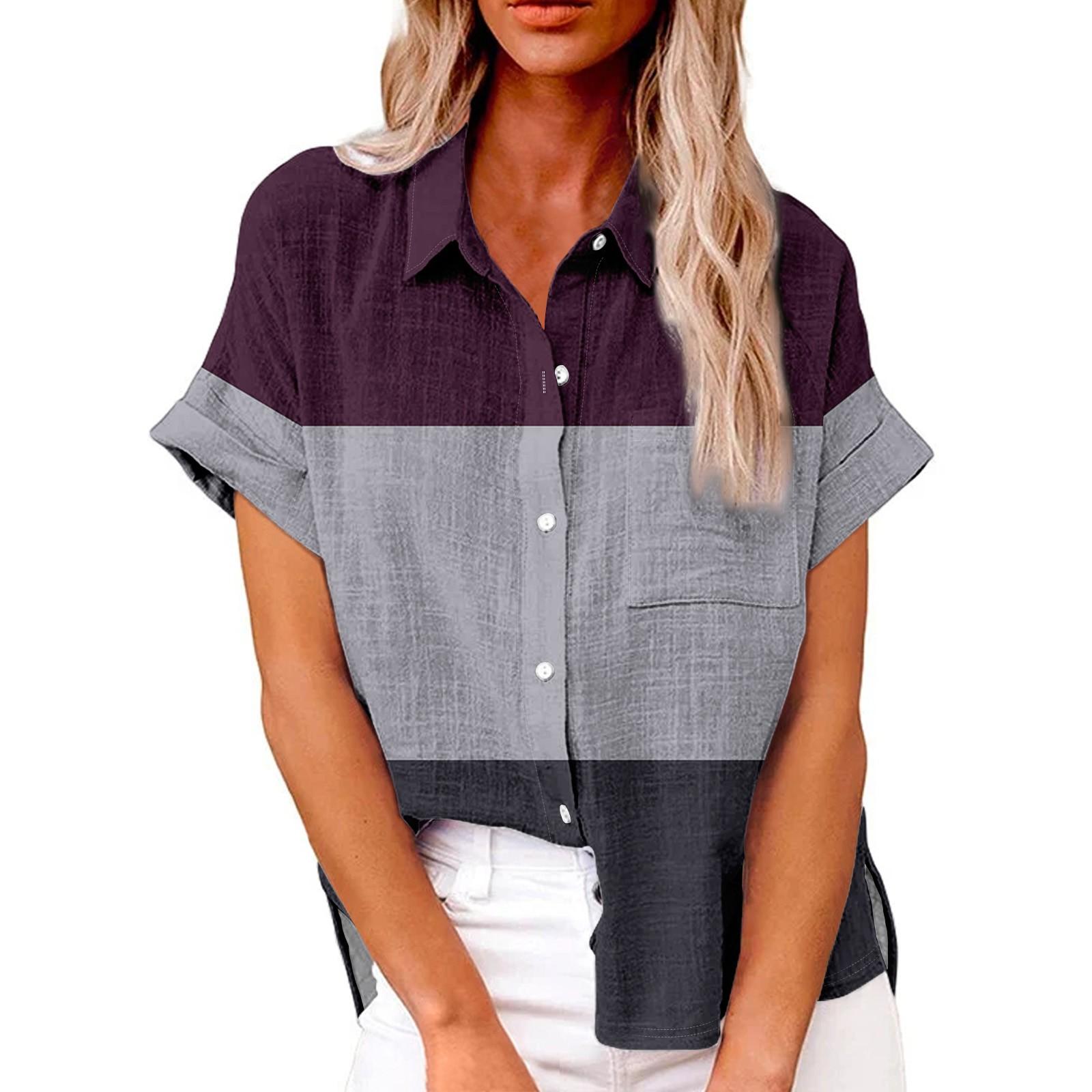 Женская модная свободная повседневная рубашка с короткими рукавами и отворотами — фото 9