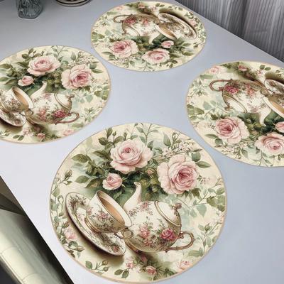 4PC Retro Rose Countryside Style Meal Mat Powder Rose Bush Tea Cup Dining Table Restaurant Decoration Warm and Romantic