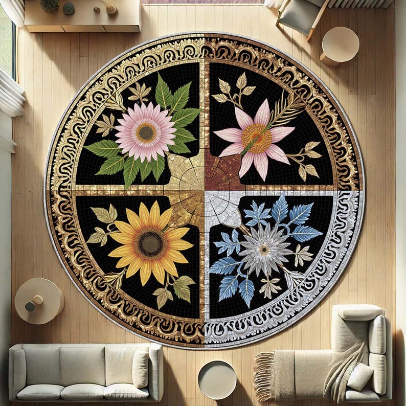 Four Seasons Floral Round Rug, Spring Summer Fall Winter Circle Carpet, Colorful Boho Home Decor Mat Christmas Housewarming Diameter 100cm