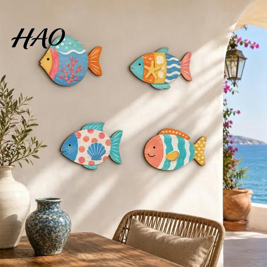 Coastal Wall Art Decor 4PCS Aspen Wood Fish Decor, Colorful Hanging Children Room Nautical Art, Beach Theme Decorative Plaques for Bathroom Living