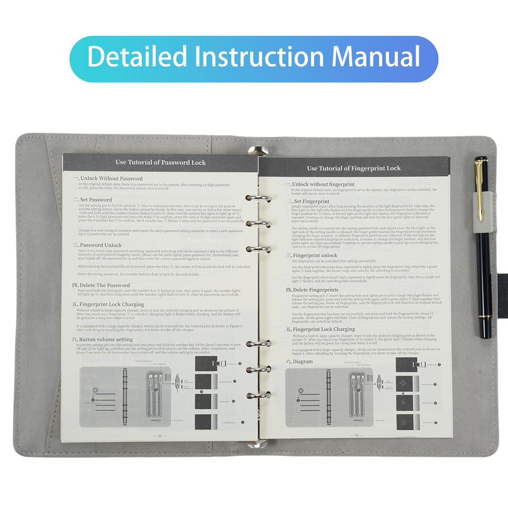 Skórzany Notes A5 z Blokadą Odcisku Palca i Szybkim Pendrive'em 16GB Dziennik Planer w Linie 100 Stron 6-Otworowy 4 Karty