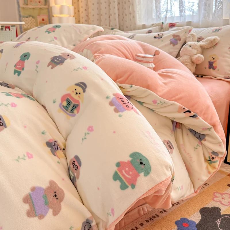 2024 New Class A Small Fresh Printed Milk Fleece Single Bedding Set Thick Warm Cartoon Quilt Cover Fall and Winter Duvet Cover