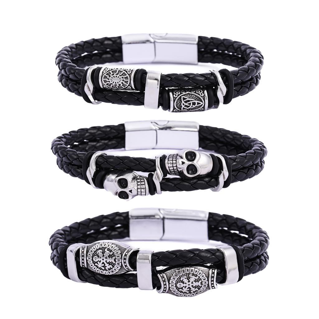 Mens Braided Leather Bracelet with Magnetic Clasp Vintage Norse Viking Rune Skull Gothic Hand Jewelry Ethnic Wristband