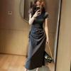 French Gray Short-sleeved Dress Women's New Summer Beautiful Design Sense Drawstring Waist Slim Skirt