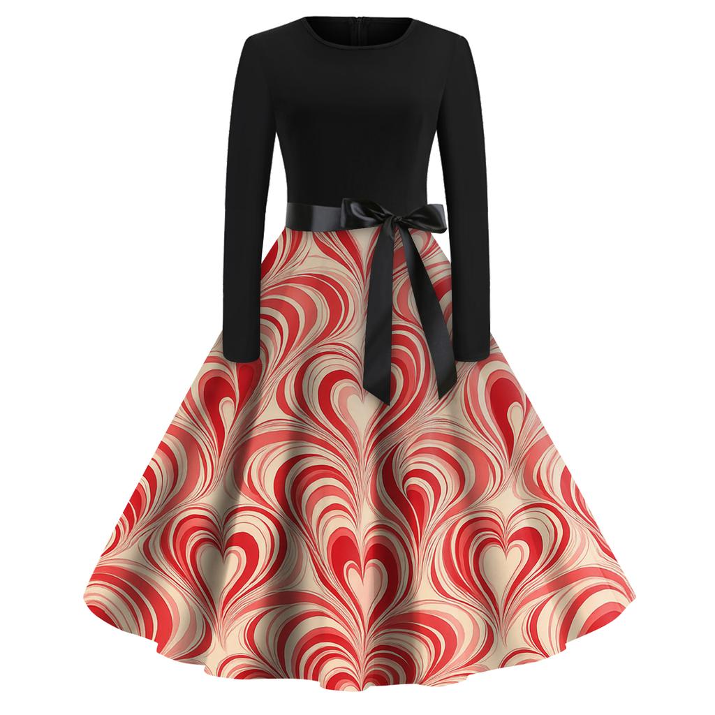 Women's Fashion Round Casual Slim Fit  Print Large Swing Long Sleeve Dress