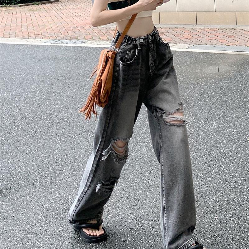 Smoke Grey High-Waisted Wide-Leg Ripped Denim Pants for Women – Loose, Slimming, Retro High Street Long Pants